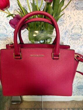 Michael Kors Selma Fuchsia Saffiano Leather Satchel with Gold Hardware